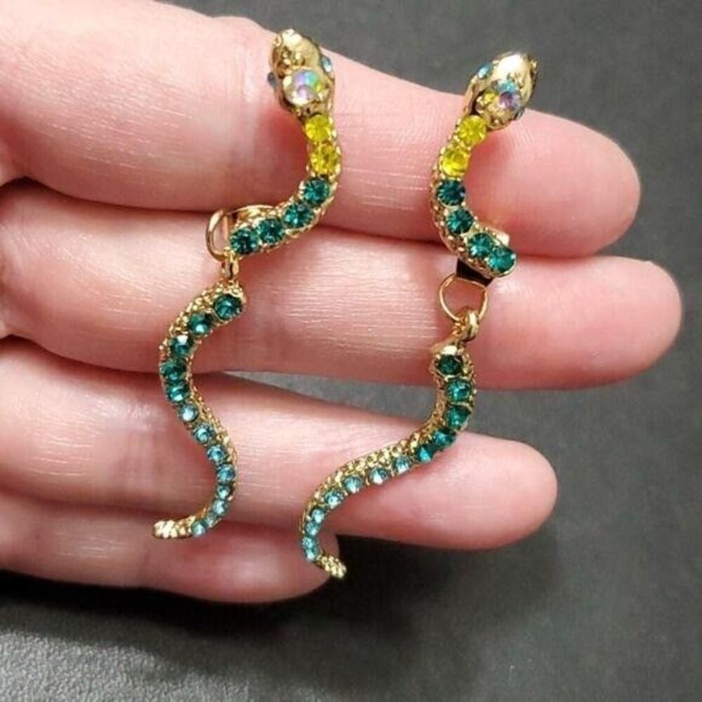 Gold tone snake dangling tail earrings blue green yellow rhinestone